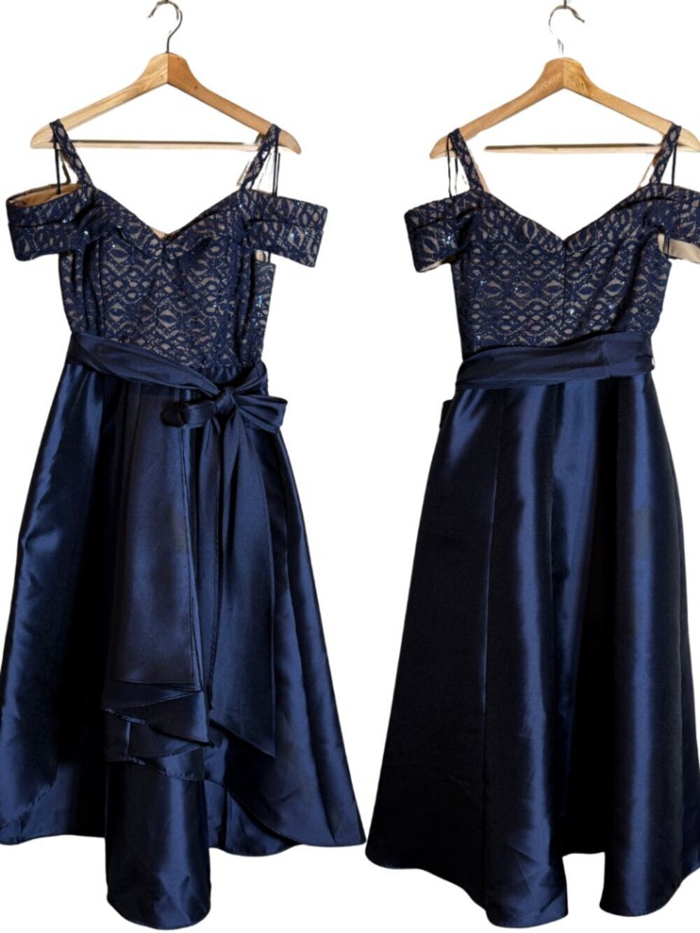 R&M Richards Off the Shoulder Lace High-Low Midi Dress Womens 8 Navy Gown Formal